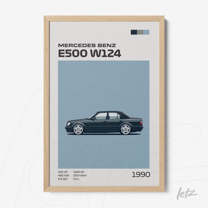 quadro com ilustração minimalista do carro Mercedes Benz E500 W124 em moldura de madeira clara