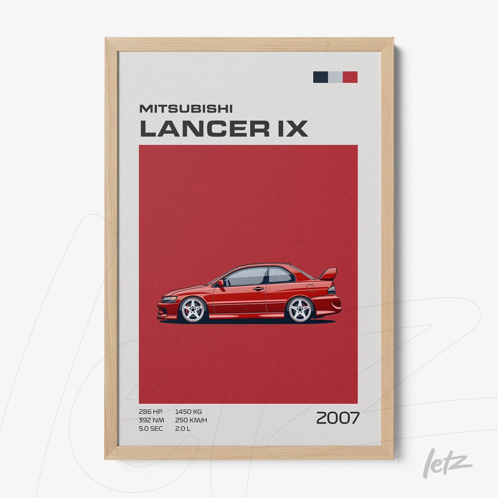 quadro com ilustração do carro Mitsubishi Lancer IX em fundo vermelho com moldura de madeira clara