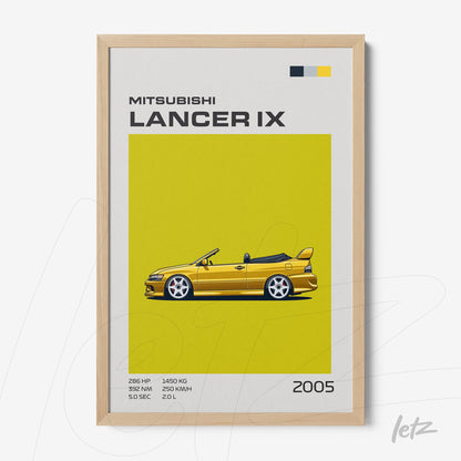 quadro com arte gráfica do Mitsubishi Lancer IX em fundo amarelo vibrante e moldura de madeira clara