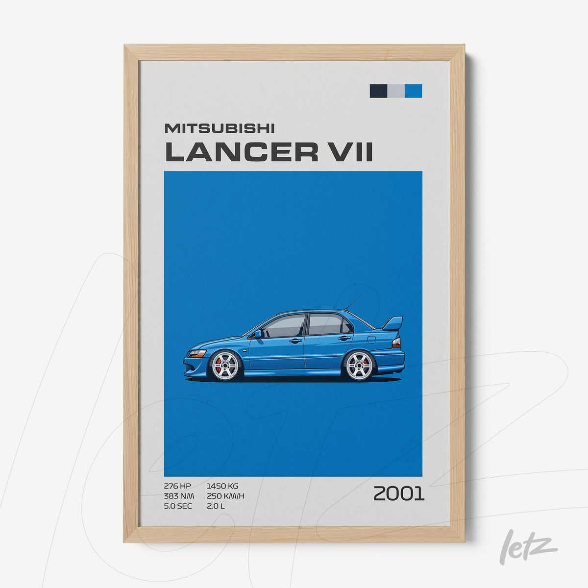 quadro com ilustração do Mitsubishi Lancer VII em fundo azul com moldura clara