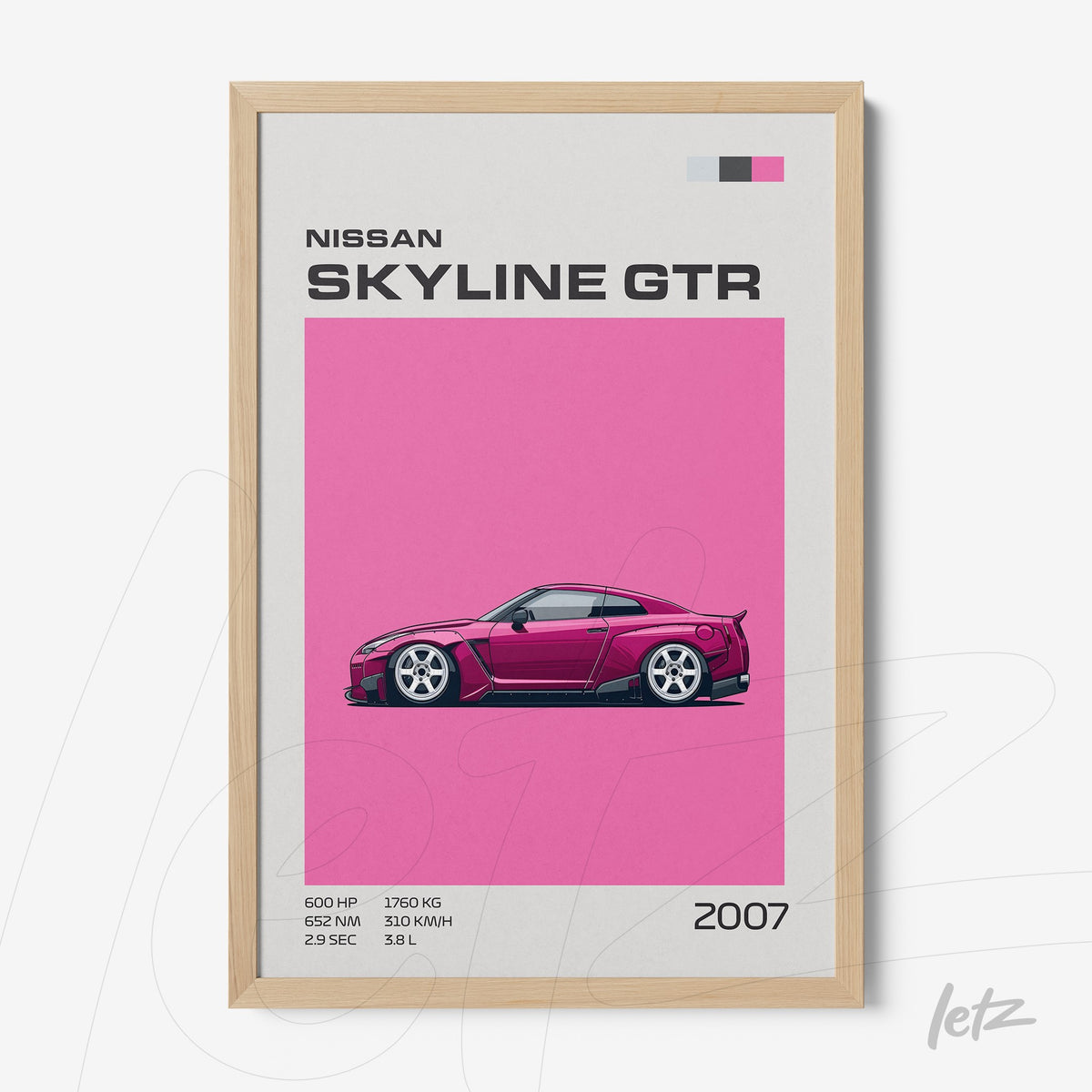 quadro com ilustração do carro Nissan Skyline GTR de 2007 em fundo rosa e moldura de madeira clara