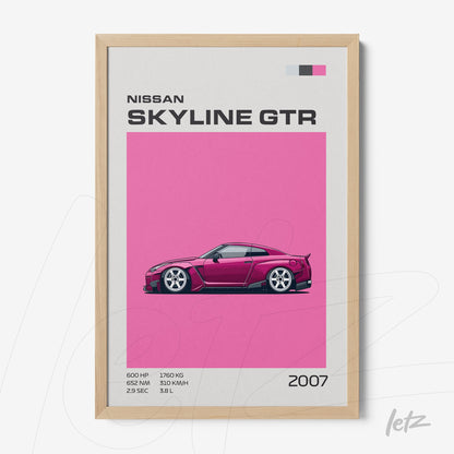 quadro com ilustração do carro Nissan Skyline GTR de 2007 em fundo rosa e moldura de madeira clara