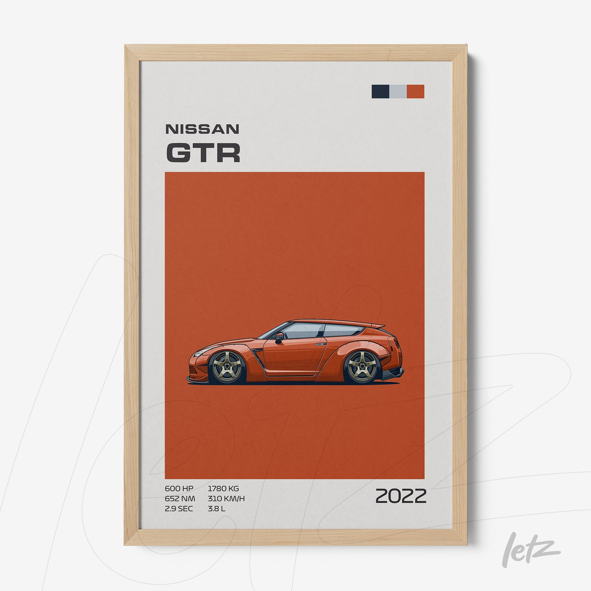 quadro com ilustração do carro Nissan GTR em fundo laranja e moldura de madeira clara