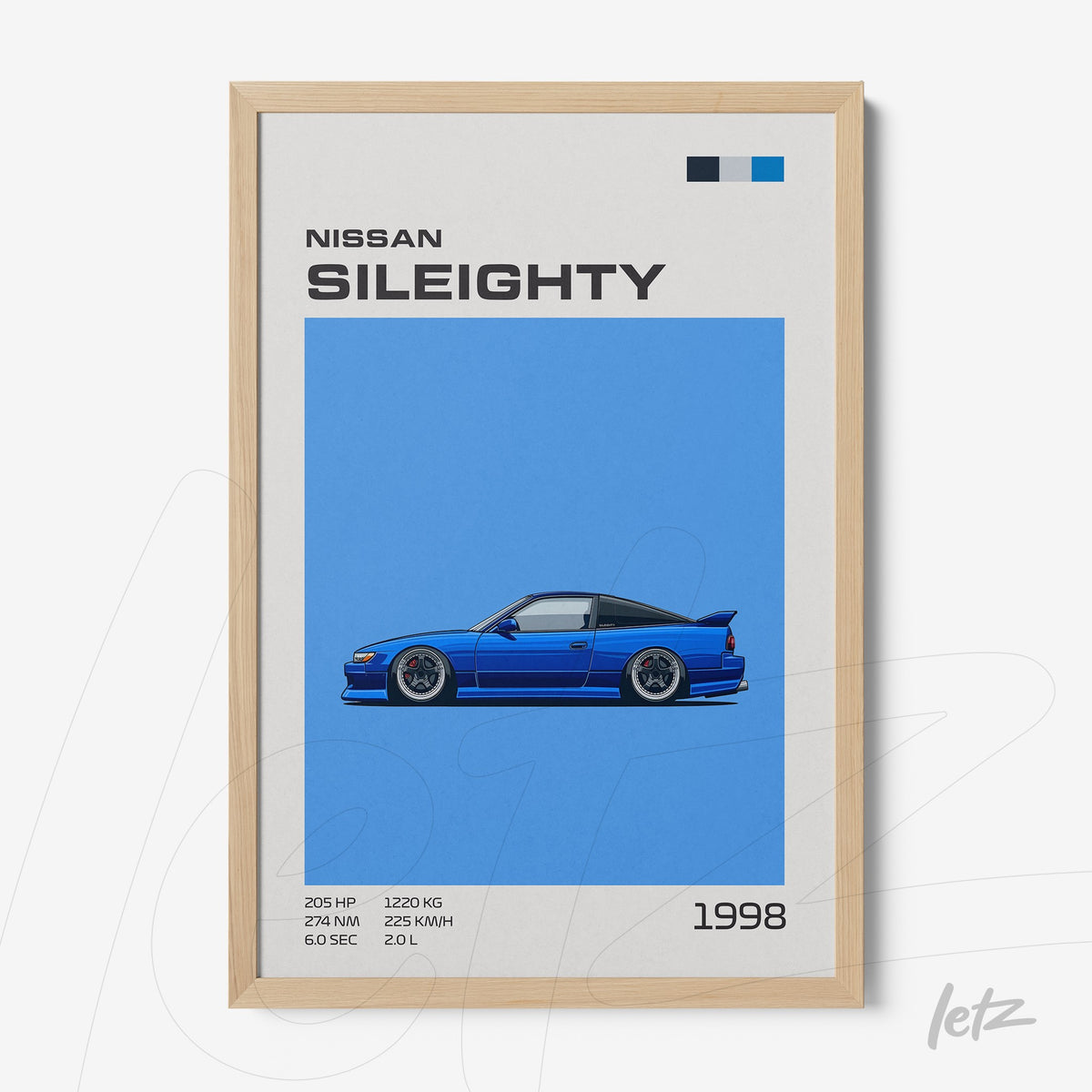 quadro decorativo com ilustração digital de um carro Nissan Sileighty em fundo azul vibrante, moldura de madeira clara