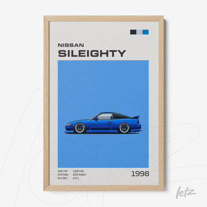 quadro decorativo com ilustração digital de um carro Nissan Sileighty em fundo azul vibrante, moldura de madeira clara