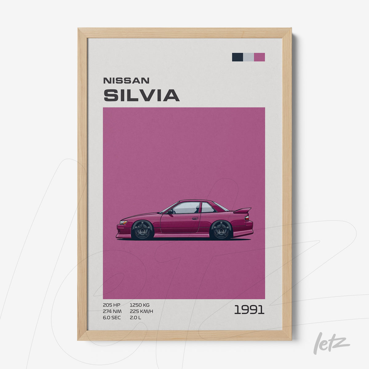 quadro com ilustração minimalista do carro Nissan Silvia de 1991 em moldura de madeira clara
