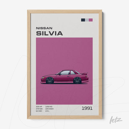 quadro com ilustração minimalista do carro Nissan Silvia de 1991 em moldura de madeira clara