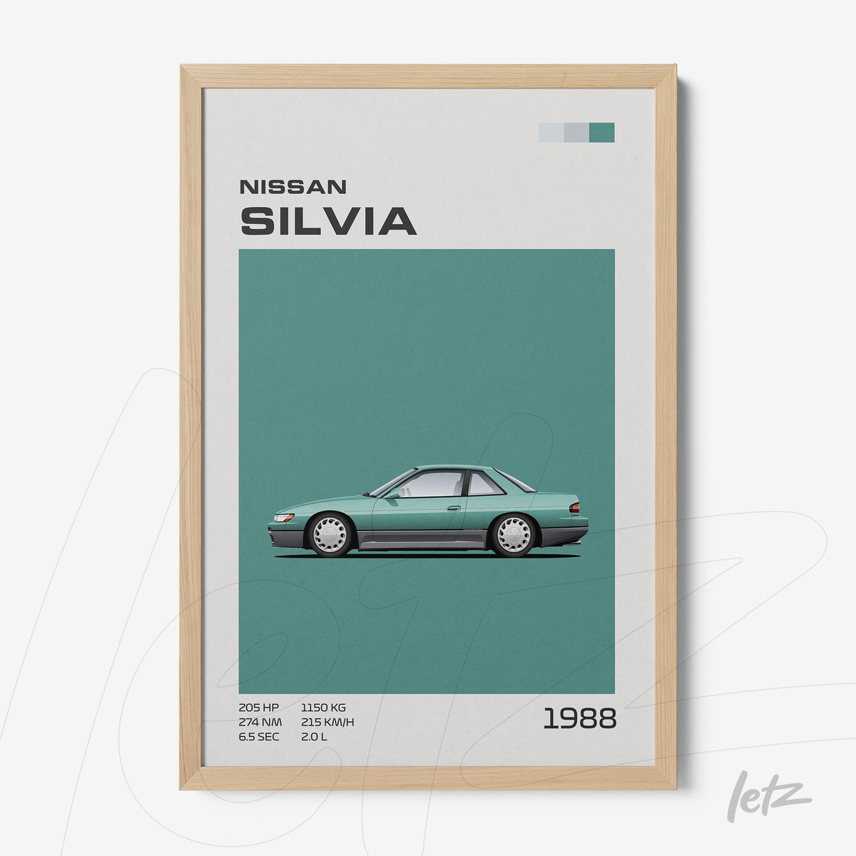 quadro com ilustração de carro clássico Nissan Silvia de 1988 em moldura de madeira clara