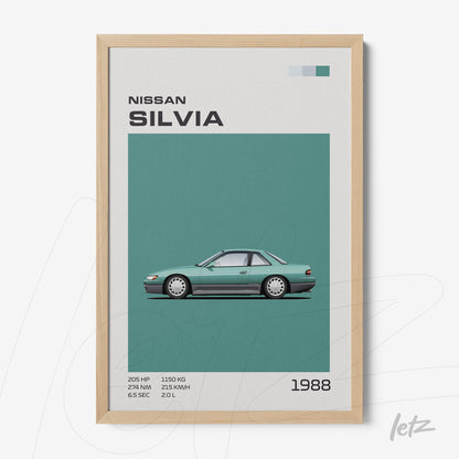 quadro com ilustração de carro clássico Nissan Silvia de 1988 em moldura de madeira clara