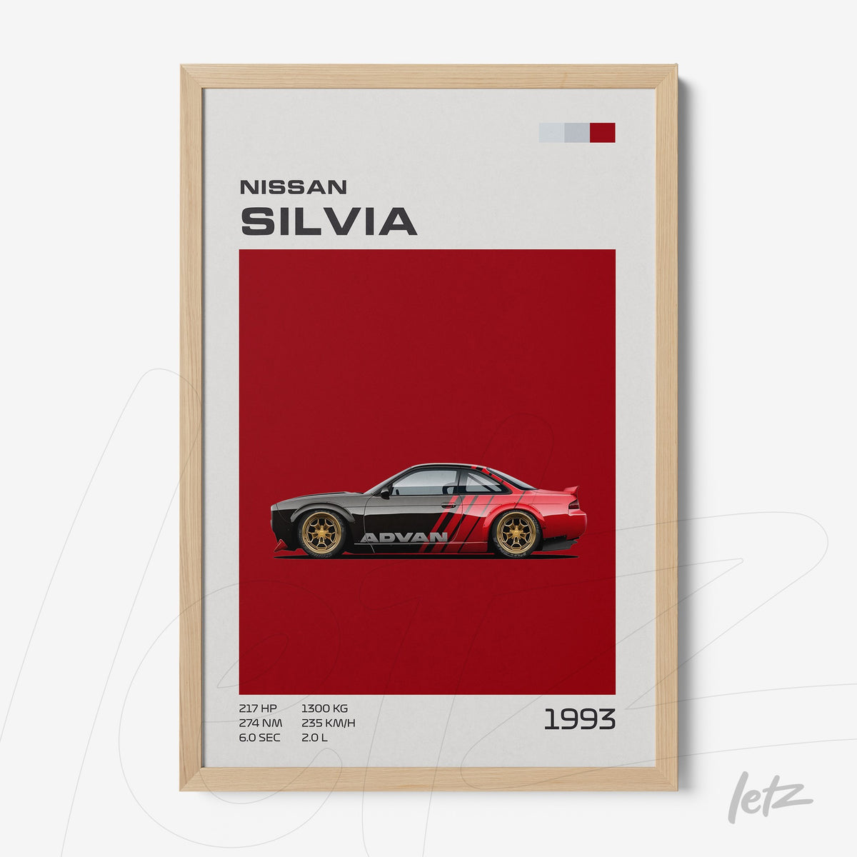 quadro com arte digital do carro Nissan Silvia em moldura de madeira clara com fundo vermelho