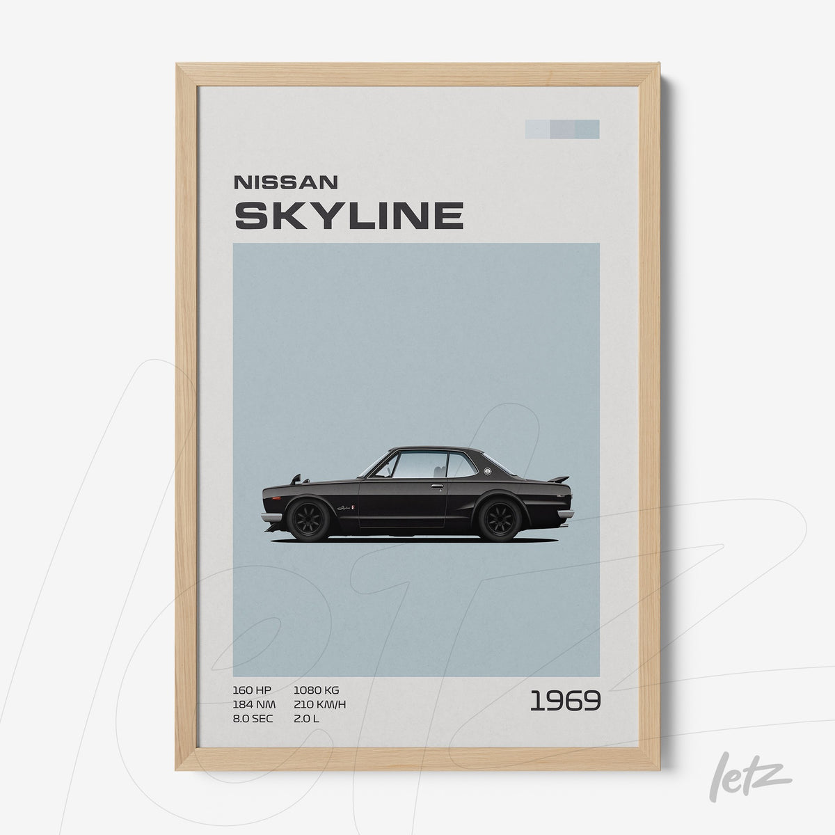 quadro com arte estilizada do carro Nissan Skyline de 1969 em moldura de madeira clara