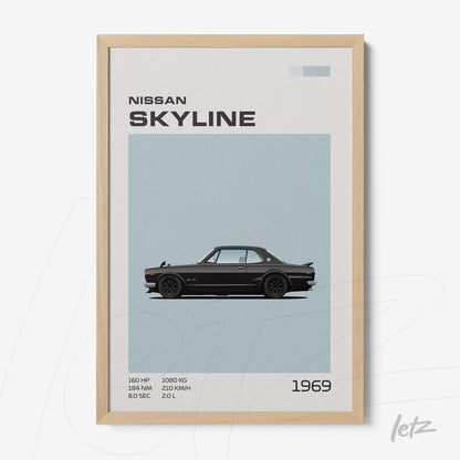 quadro com arte estilizada do carro Nissan Skyline de 1969 em moldura de madeira clara