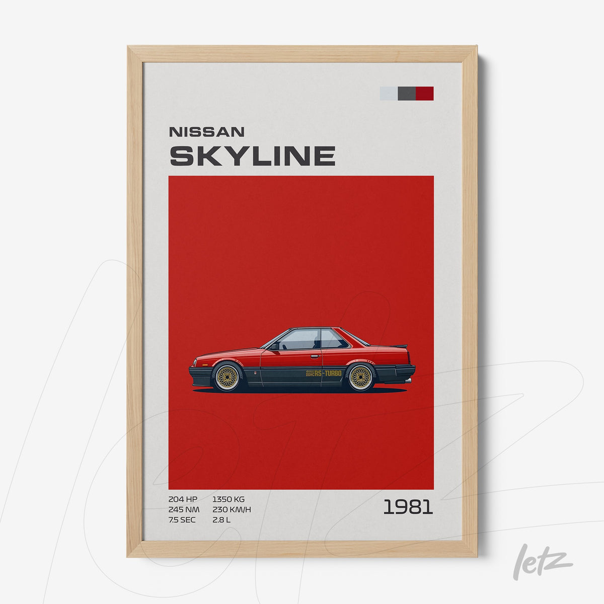 quadro com arte de carro esportivo Nissan Skyline em fundo vermelho vibrante com moldura de madeira clara