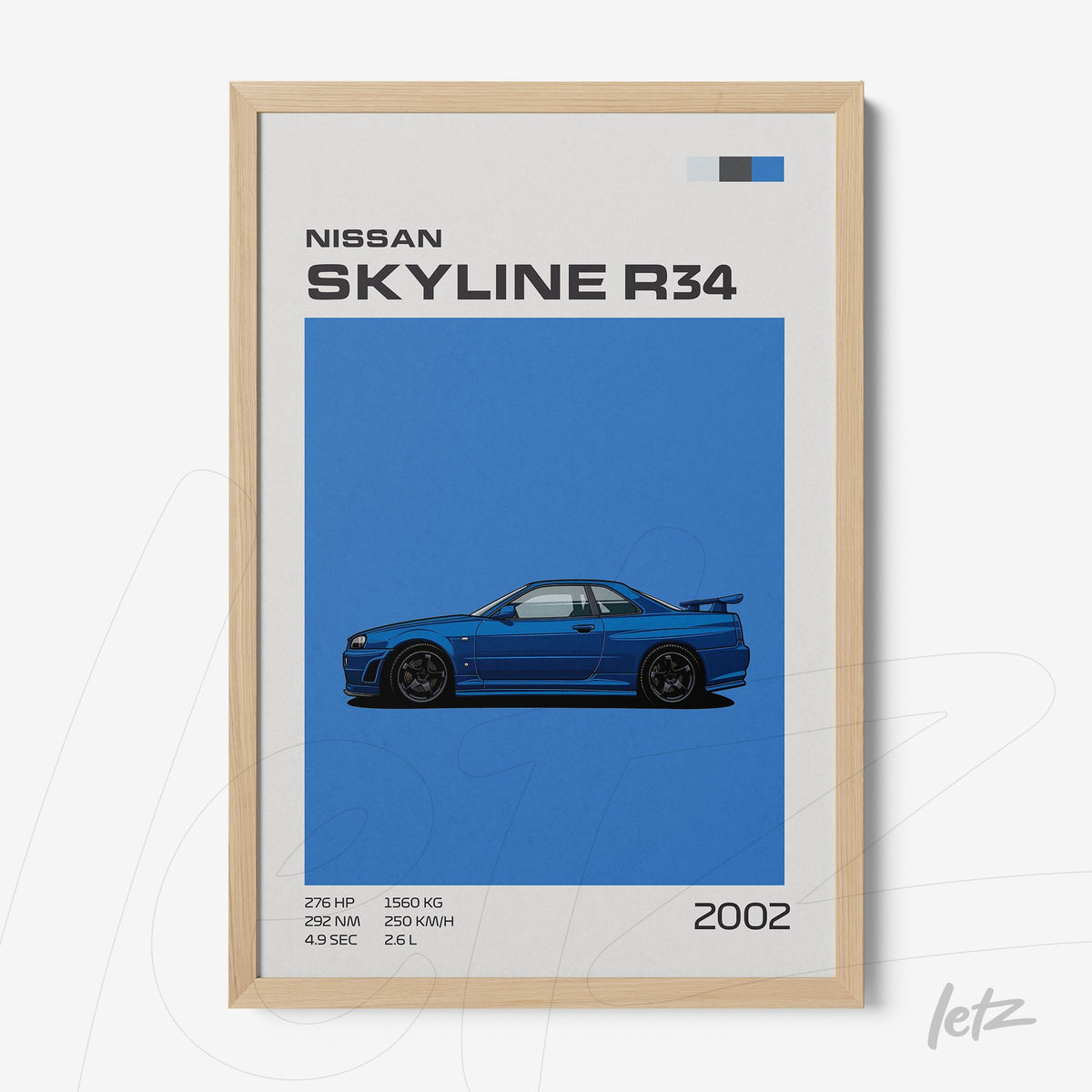 quadro com ilustração do carro Nissan Skyline R34 em moldura clara com fundo azul
