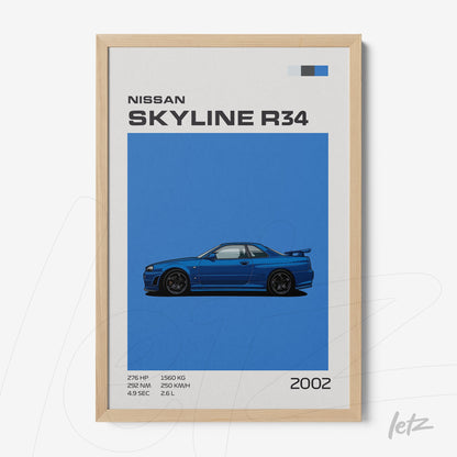 quadro com ilustração do carro Nissan Skyline R34 em moldura clara com fundo azul