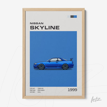 quadro emoldurado com arte digital de um carro Nissan Skyline 1999 em fundo azul