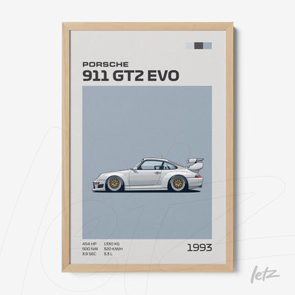 quadro com arte digital do carro Porsche 911 GT2 EVO em moldura de madeira clara