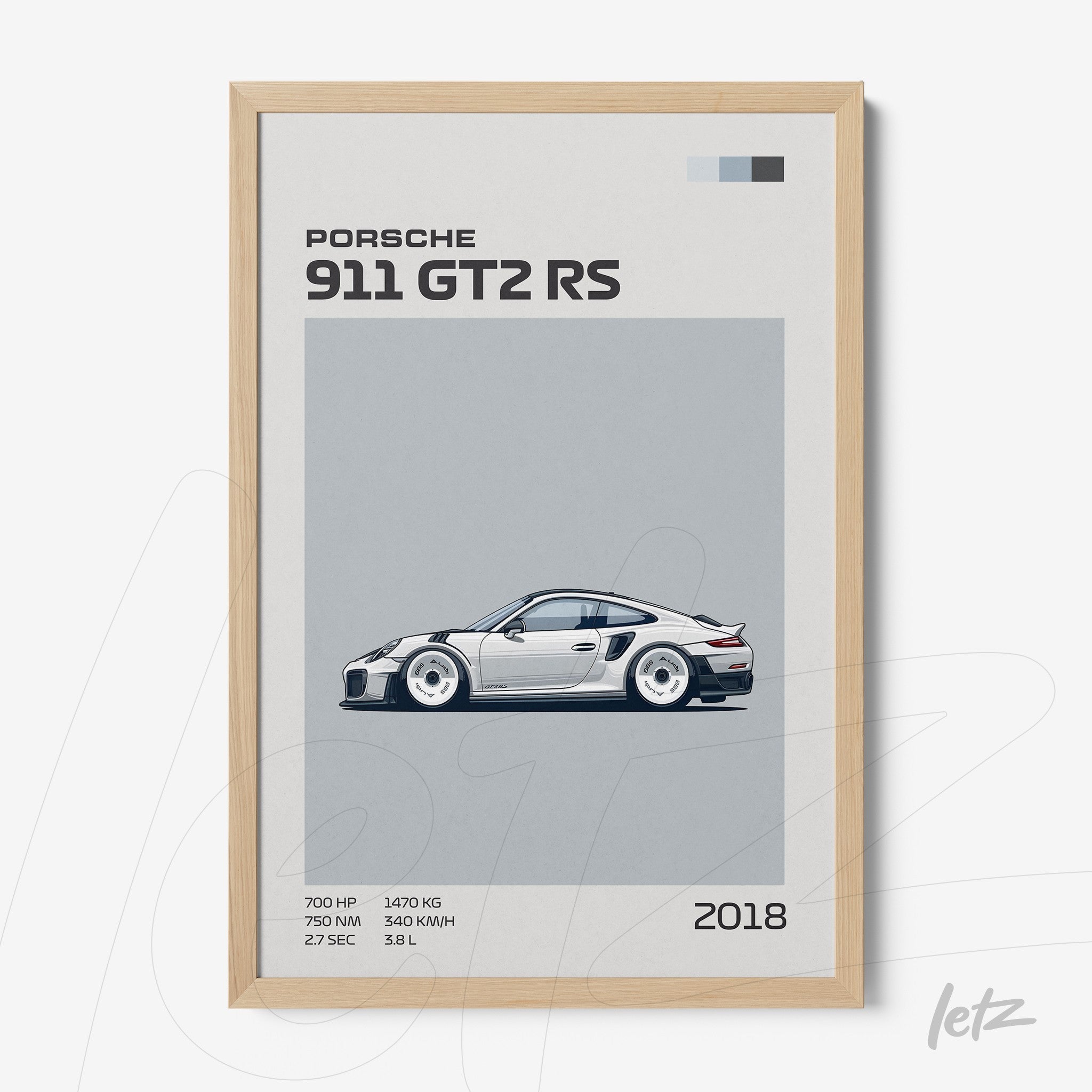 quadro com ilustração de carro esportivo Porsche 911 GT2 RS em moldura de madeira clara