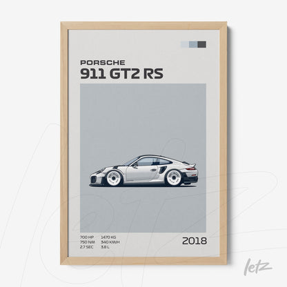 quadro com ilustração de carro esportivo Porsche 911 GT2 RS em moldura de madeira clara