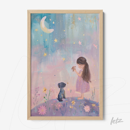 quadro com ilustração suave de menina com cabelo longo e escuro, segurando um pequeno animal ao lado de um cachorro em ambiente noturno com flores e estrelas em fundo azul