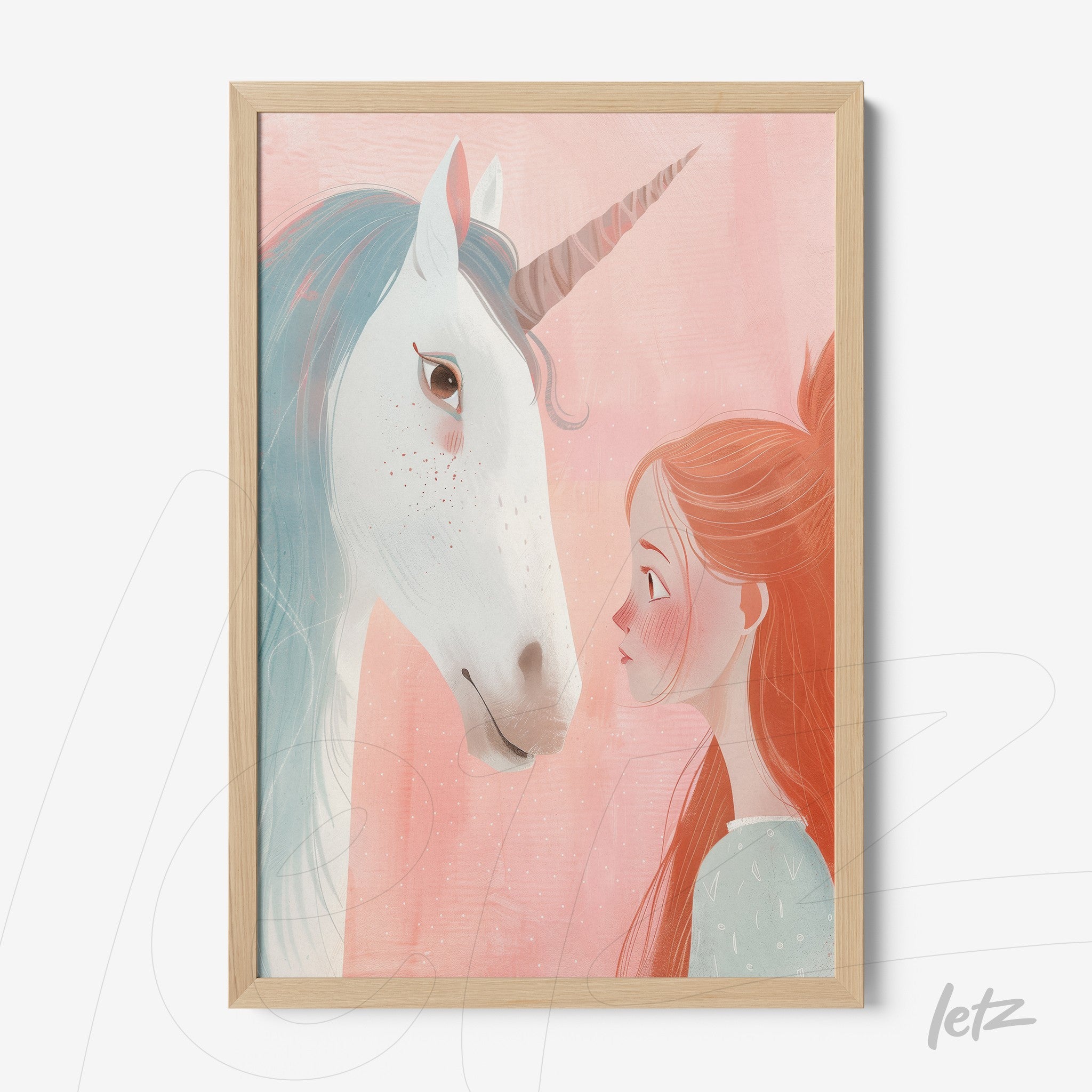 quadro emoldurado com ilustração de uma menina encarando um unicórnio sobre fundo rosa suave