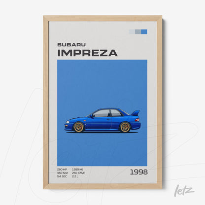 quadro com ilustração de carro Subaru Impreza em fundo azul com moldura de madeira clara