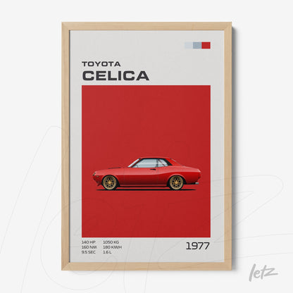 quadro com ilustração vintage do carro Toyota Celica 1977 em fundo vermelho e moldura de madeira clara