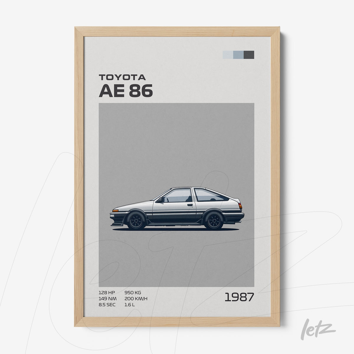 quadro com ilustração minimalista do carro Toyota AE 86 em moldura de madeira clara