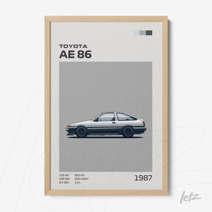 quadro com ilustração minimalista do carro Toyota AE 86 em moldura de madeira clara