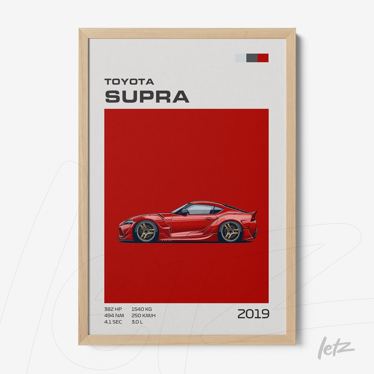 quadro com arte do carro esportivo Toyota Supra em fundo vermelho e moldura de madeira clara