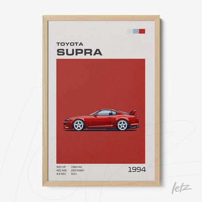 quadro com arte digital do Toyota Supra 1994 em moldura de madeira clara