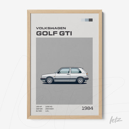 quadro com arte digital de carro Volkswagen Golf GTI de 1984 em moldura de madeira clara