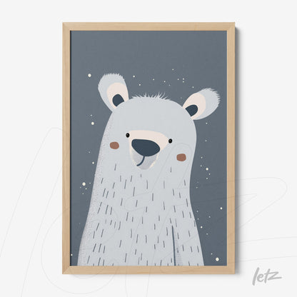 quadro com ilustração minimalista de urso polar sorridente em fundo cinza, moldura de madeira clara