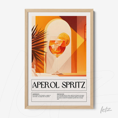 quadro com arte gráfica do drink aperol spritz em moldura clara com fundo laranja vibrante