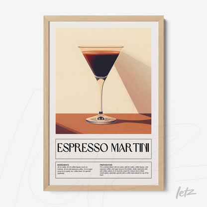 quadro com arte de drink espresso martini em moldura clara com fundo neutro