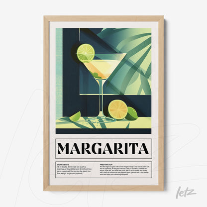 quadro com arte moderna de um drink margarita em moldura clara com detalhes em verde e amarelo