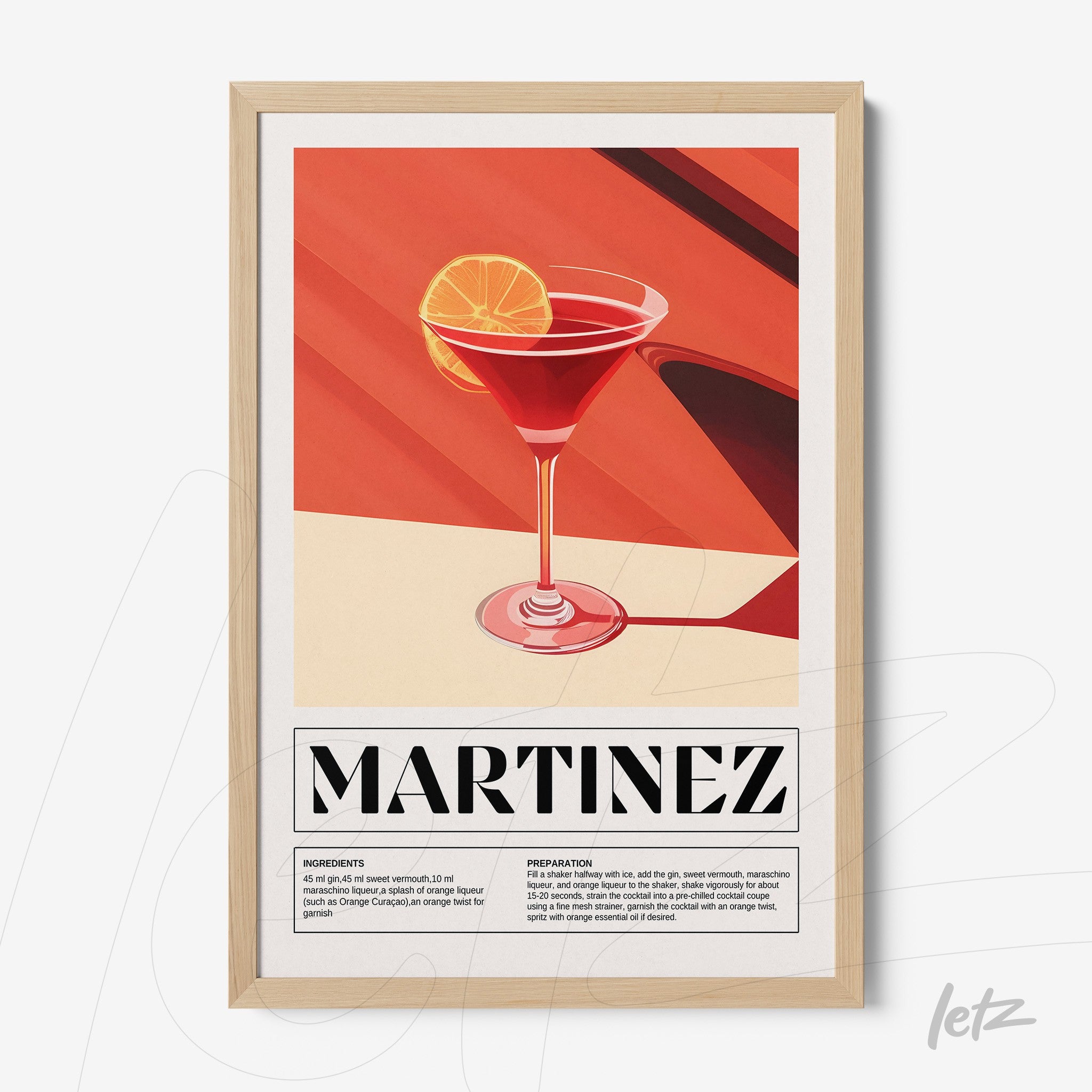 quadro com arte estilizada de drink martinez em moldura natural com fundo em tons de vermelho e laranja