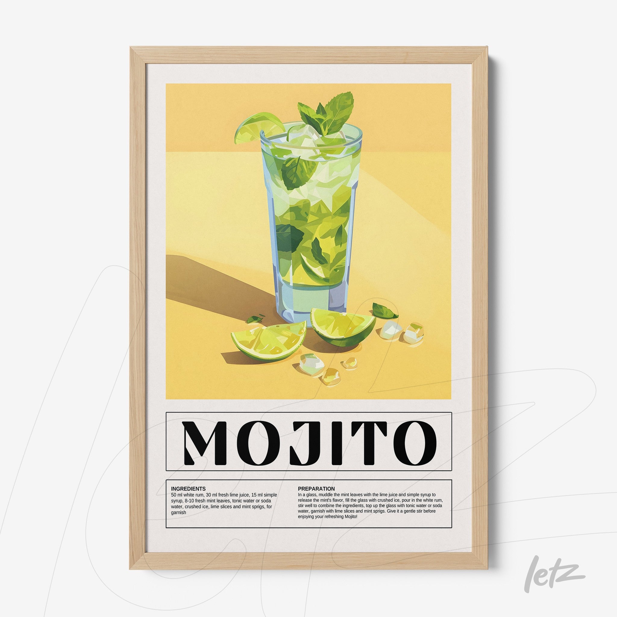 quadro com ilustração vibrante de cocktail mojito em fundo amarelo e moldura de madeira clara