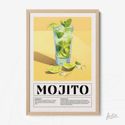 quadro com ilustração vibrante de cocktail mojito em fundo amarelo e moldura de madeira clara