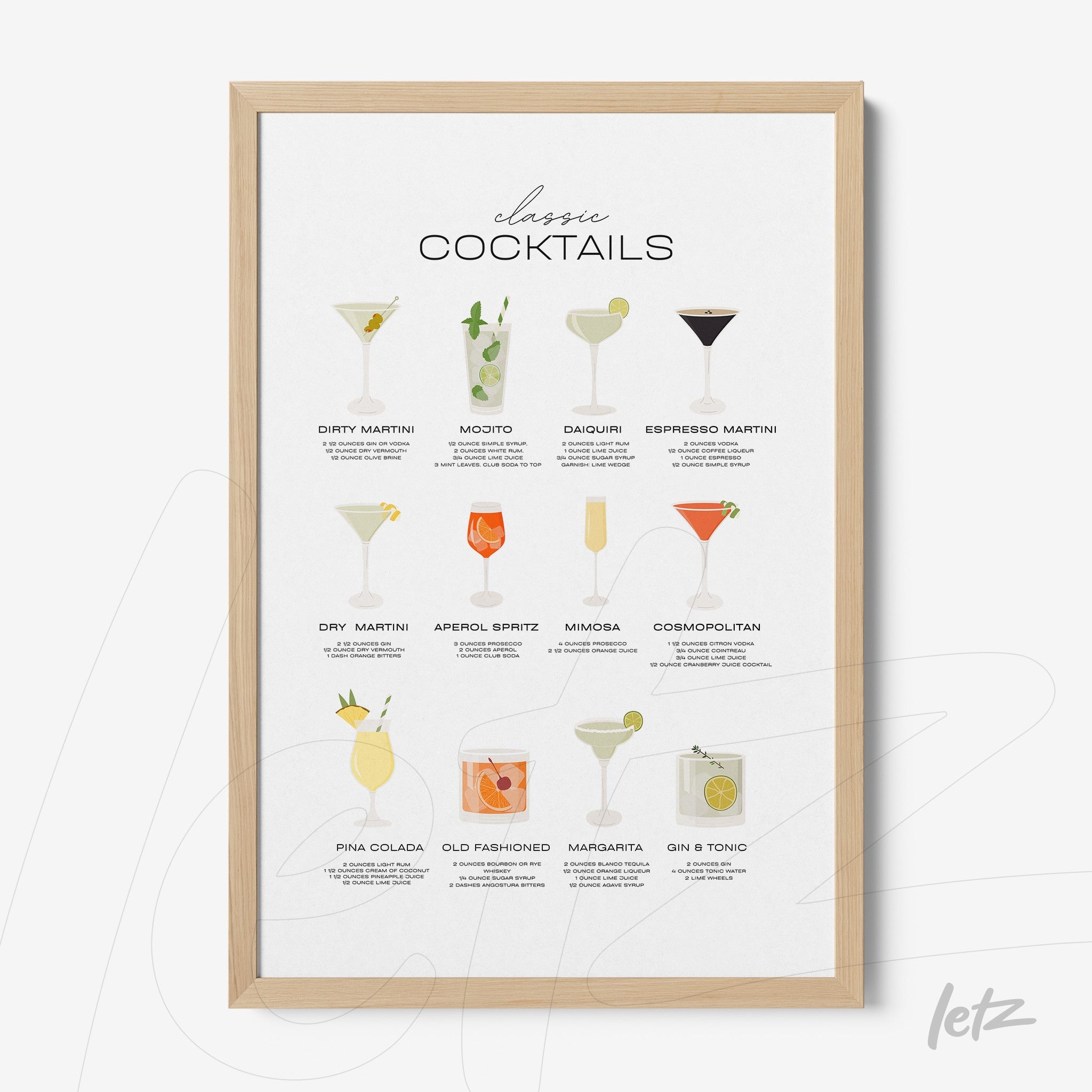 quadro com ilustrações de coquetéis clássicos em moldura de madeira clara, apresentação de nove drinks em estilo minimalista sobre fundo neutro