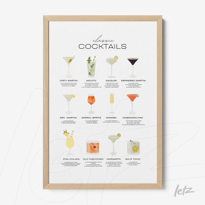 quadro com ilustrações de coquetéis clássicos em moldura de madeira clara, apresentação de nove drinks em estilo minimalista sobre fundo neutro
