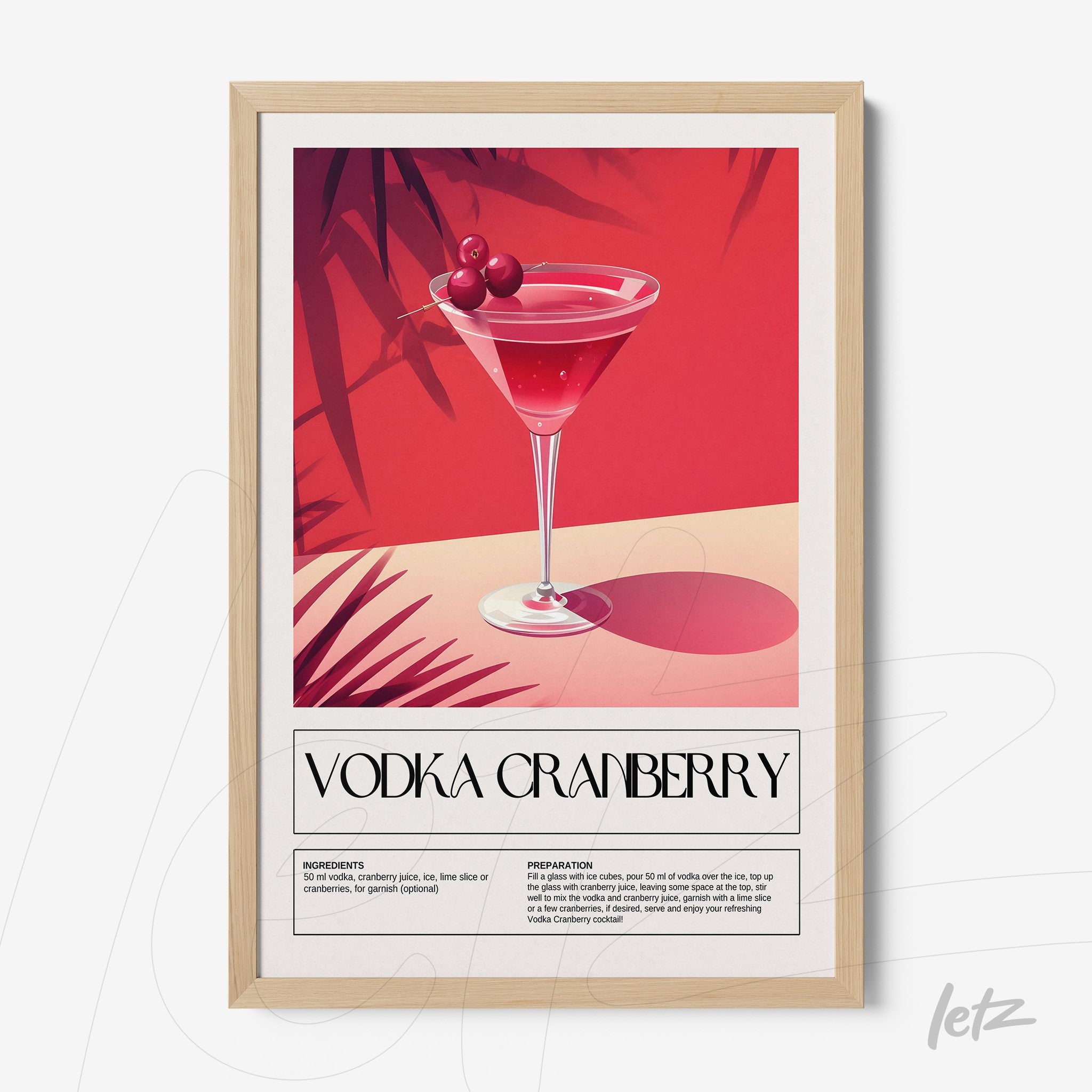 quadro com arte estilizada de drink vodka cranberry em moldura natural com fundo vermelho vibrante