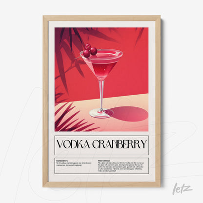 quadro com arte estilizada de drink vodka cranberry em moldura natural com fundo vermelho vibrante