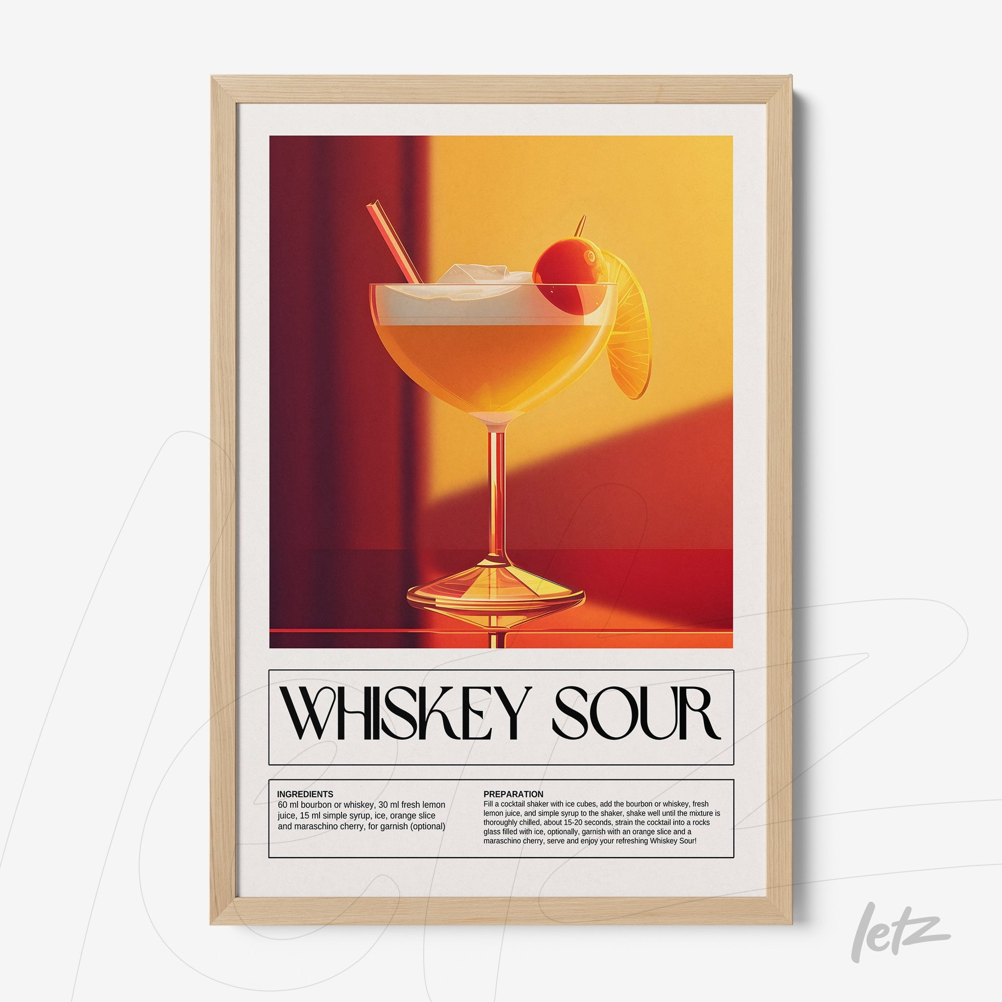 quadro com arte vintage do drink whiskey sour em moldura clara com fundo vermelho