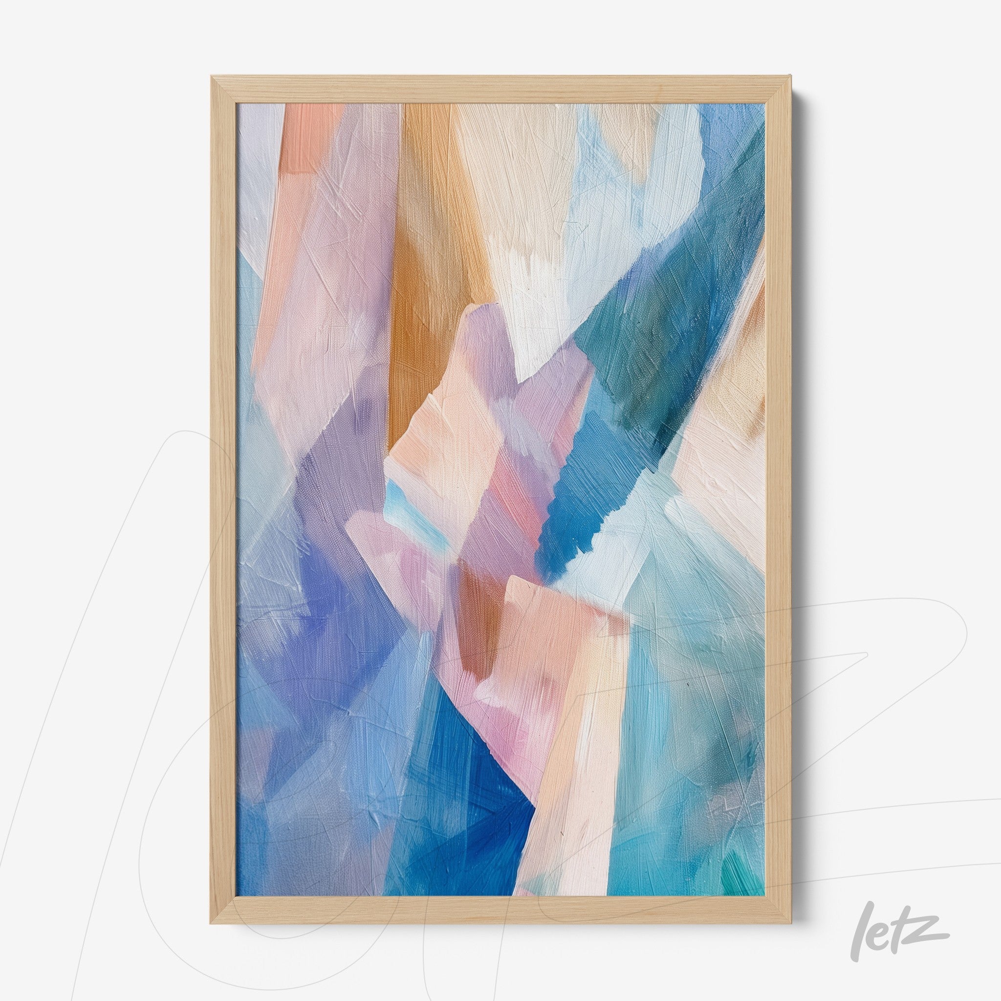 quadro com arte abstrata em tons de azul, rosa e laranja, com moldura de madeira clara