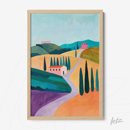 quadro com arte digital de paisagem toscana, com colinas verdes, casas em tons de rosa e uma estrada sinuosa, moldura de madeira clara