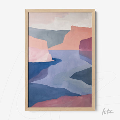 quadro com arte abstrata de paisagem com tons suaves de rosa e azul em moldura de madeira clara