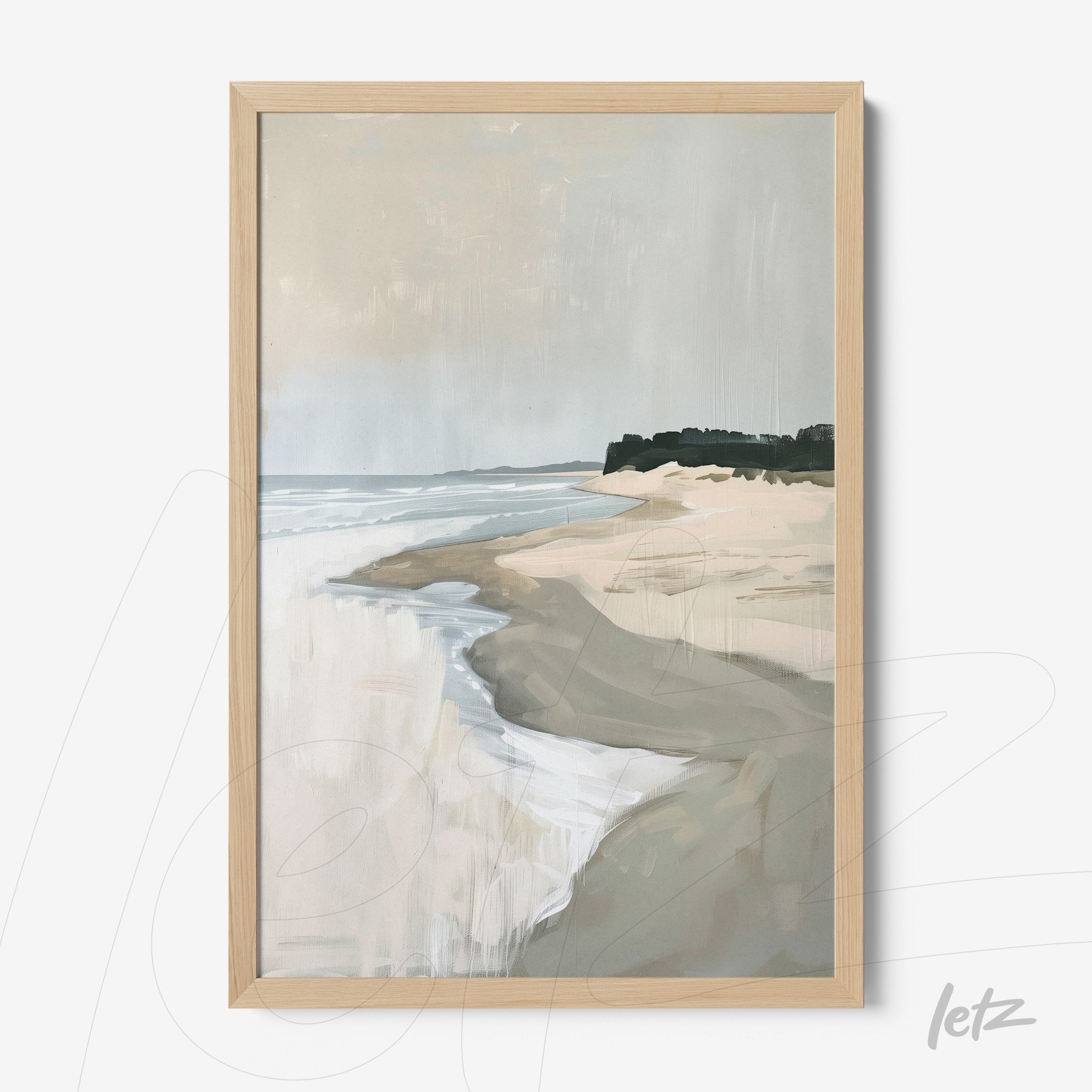 quadro com arte abstrata de praia, apresentando areia e ondas em fundo suave, com moldura de madeira clara
