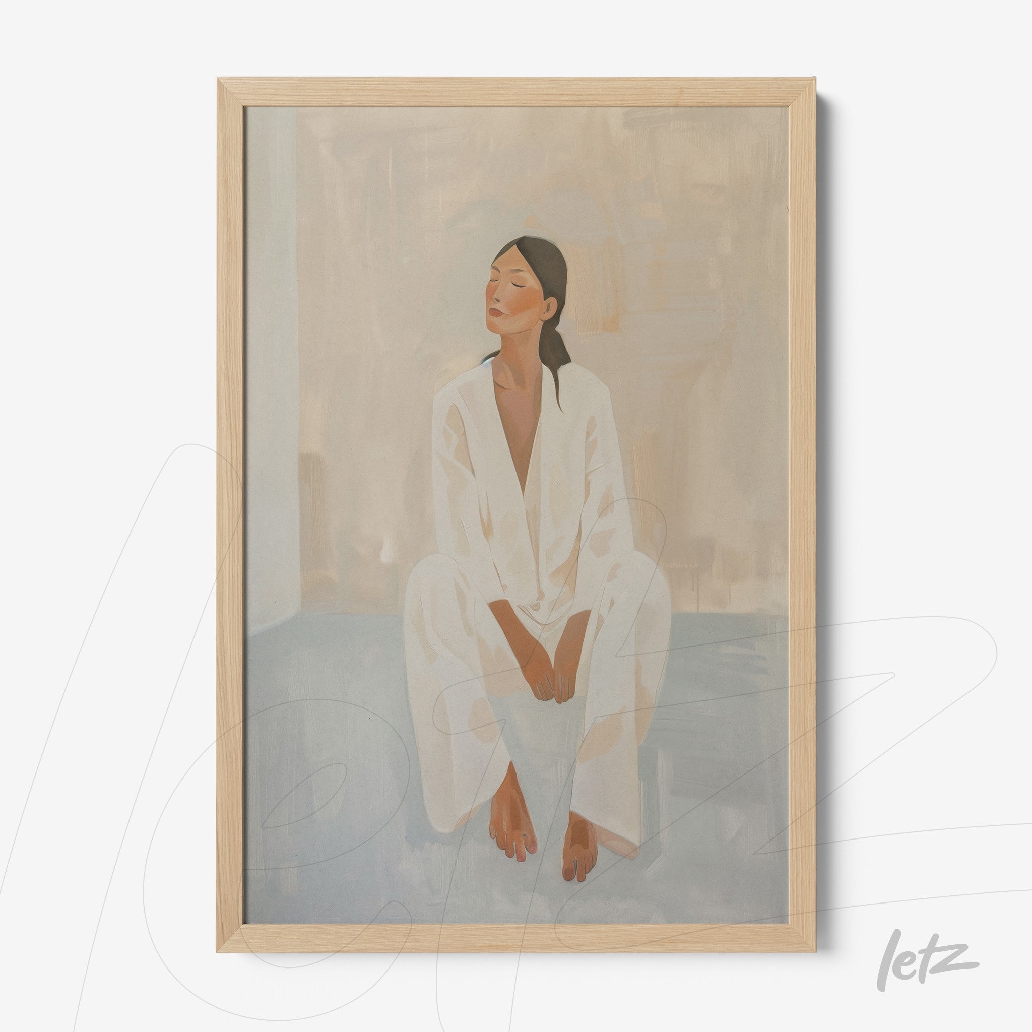 quadro com arte de figura feminina sentada vestindo roupa clara em moldura de madeira clara