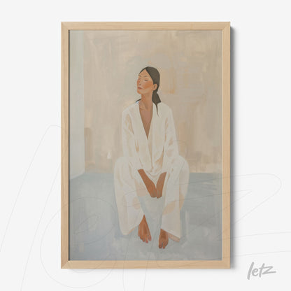 quadro com arte de figura feminina sentada vestindo roupa clara em moldura de madeira clara